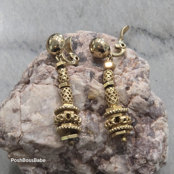 Vintage Monet Gold-Tone Ball Dangle Clip-On Earrings - Picture 2 of 11